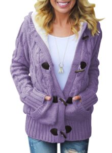 dokotoo womens fashion 2024 ladies winter hooded casual fluffy cardigans sweaters solid open front long sleeve cable knit sweaters fleece coats outerwear with pockets purple medium