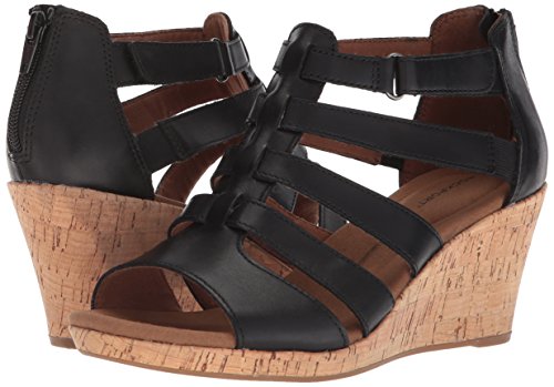 Rockport womens Briah Gladiator Wedge Sandal, Black Leather, 6.5 Wide US