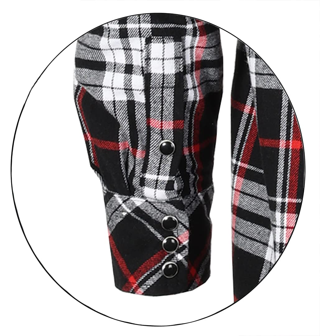 Gioberti Men 100% Cotton Western Flannel Plaid Shirt w/Snap-on Button, Black White Red Line, X-Large