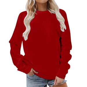 deals of the day lightning deals today prime Women’s Long Sleeve Sweatshirts Trendy Solid Crewneck Casual Shirts Loose Fit Plus Size Pullover Fall Tops Blouse Wine XXXL