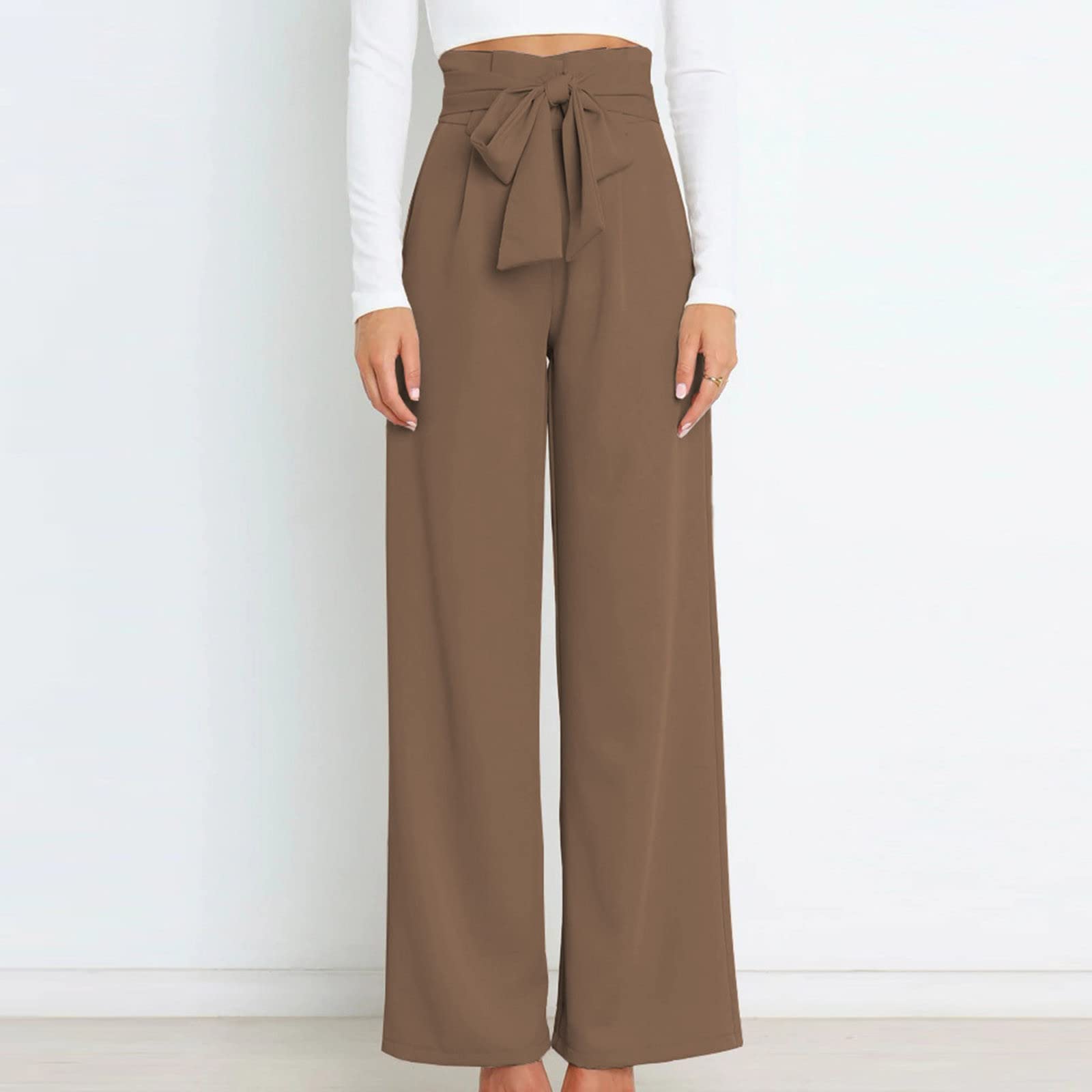 Paper Bag Pants Women High Waist Summer Casual Wide Leg Palazzo Pant Elegant Belted Long Trousers with Pockets