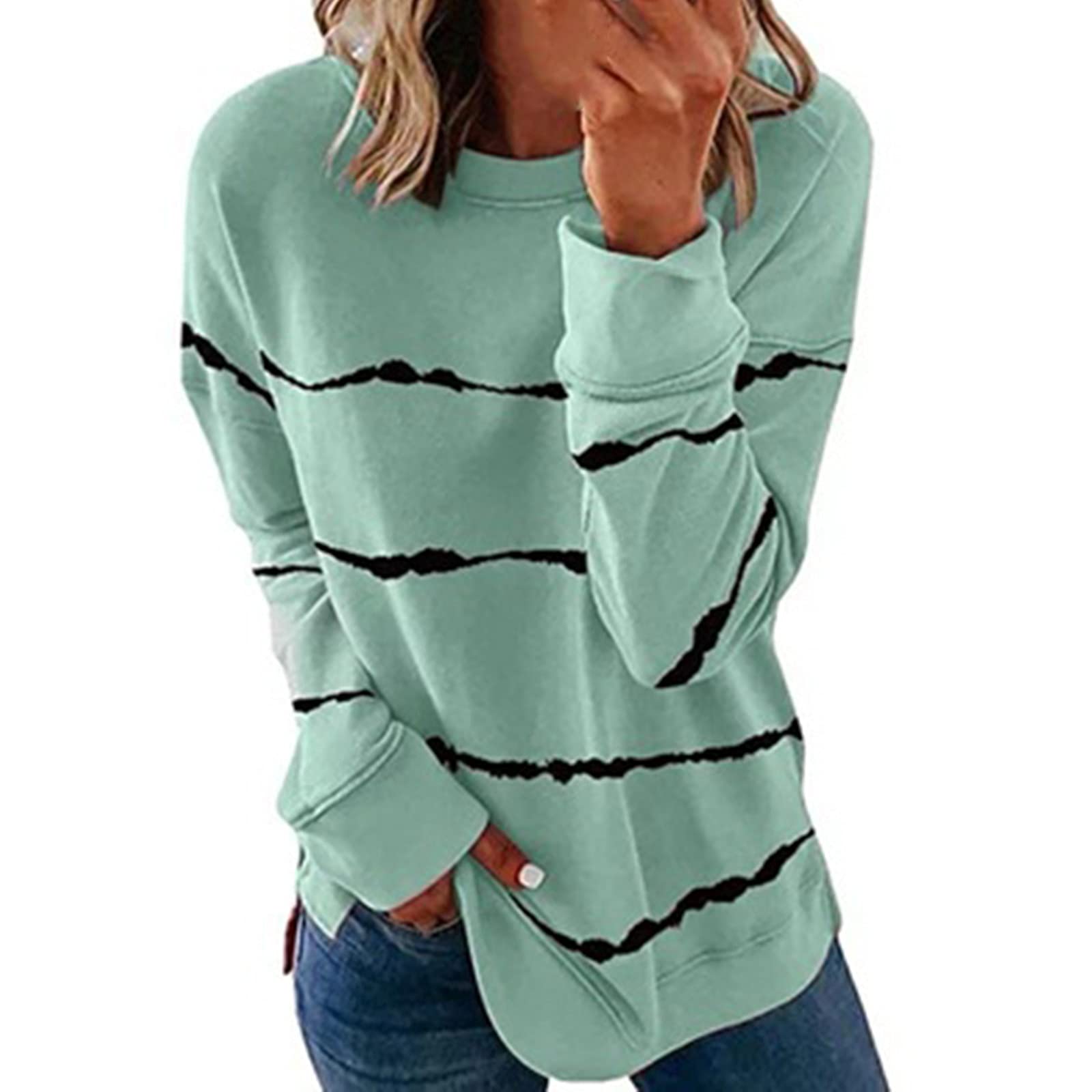 prime big deal days october Long Sleeve Shirts for Women 2023 Casul Crewneck Lightweight Sweatshirts Fashion Print Loose Pullover Trendy Tops Green XXL