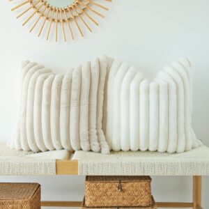 JOJUSIS Pack of 2 Faux Fur Plush Decorative Throw Pillow Covers Striped Couch Cushion Case Soft Fluffy Pillowcases(Beige, 18 x 18-Inch)