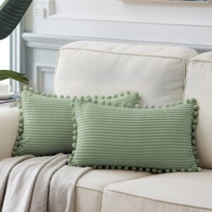 fancy homi pack of 2 sage green lumbar decorative throw pillow covers with pom-poms, soft corduroy solid rectangle cushion cases set for couch sofa bedroom car living room (12x20 inch/30x50 cm)