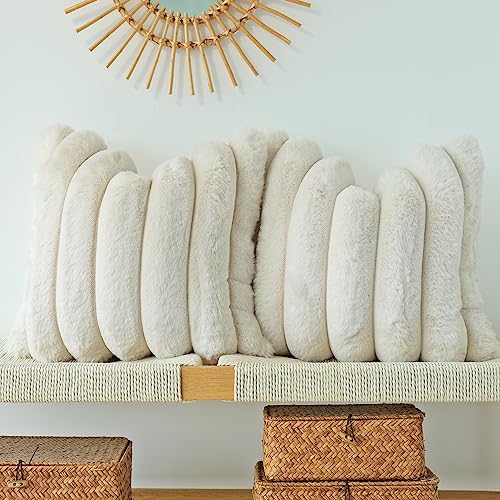 JOJUSIS Pack of 2 Faux Fur Plush Decorative Throw Pillow Covers Couch Cushion Case Soft Fluffy Pillowcases Wide Stripe Beige 18 x 18 Inch