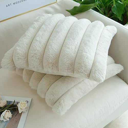 JOJUSIS Pack of 2 Faux Fur Plush Decorative Throw Pillow Covers Couch Cushion Case Soft Fluffy Pillowcases Wide Stripe Beige 18 x 18 Inch