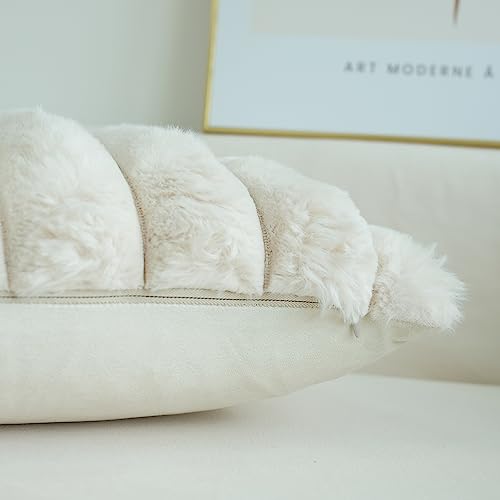 JOJUSIS Pack of 2 Faux Fur Plush Decorative Throw Pillow Covers Couch Cushion Case Soft Fluffy Pillowcases Wide Stripe Beige 18 x 18 Inch