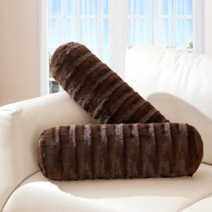 Cheer Collection Faux Fur Cylinder Pillows - Decorative Bolster Pillows for Couch & Bed - Machine Washable - 8” x 24” Inch (Set of 2) - Chocolate