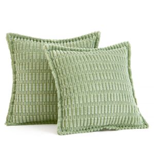 MIULEE Sage Green Corduroy Decorative Throw Pillow Covers Pack of 2 Soft Striped Pillows Pillowcases with Broad Edge Modern Boho Home Decor for Couch Sofa Bed 18x18 Inch