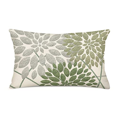 Asamour Sage Green Decorative Dahlia Boho Lumbar Pillow Covers 12x20 Inch, Geometric Floral Elegant Gray Green White Decor Rustic Farmhouse Throw Pillows Cushion Cases for Sofa Bed Decorations