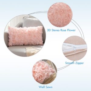 MIULEE 3D Decorative Spring Romantic Stereo Chiffon Rose Flower Pillow Cover Solid Square Pillowcase for Sofa Bedroom Car 12x20 Inch 30x50cm Peach Pink Wedding Valentines Day