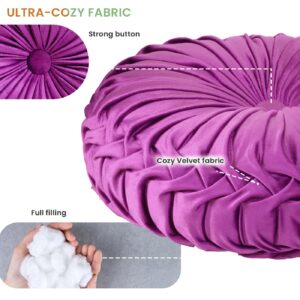 Sioloc Round Throw Pillow Velvet Home Decoration Pleated Cushion for Couch Chair Bed Car(Purple,15.7Inch)