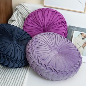 Sioloc Round Throw Pillow Velvet Home Decoration Pleated Cushion for Couch Chair Bed Car(Purple,15.7Inch)