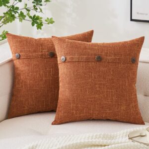 MIULEE Set of 2 Decorative Linen Throw Pillow Covers Cushion Case Triple Button Vintage Farmhouse Pillowcase for Fall Couch Sofa Bed 18 x 18 Inch Rust