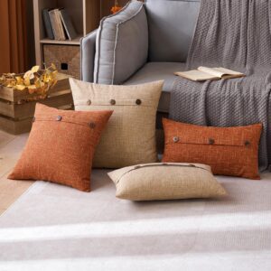 MIULEE Set of 2 Decorative Linen Throw Pillow Covers Cushion Case Triple Button Vintage Farmhouse Pillowcase for Fall Couch Sofa Bed 18 x 18 Inch Rust