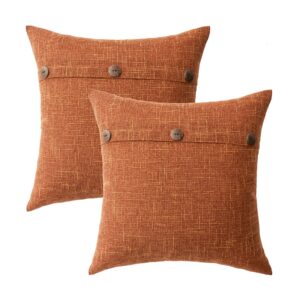 MIULEE Set of 2 Decorative Linen Throw Pillow Covers Cushion Case Triple Button Vintage Farmhouse Pillowcase for Fall Couch Sofa Bed 18 x 18 Inch Rust