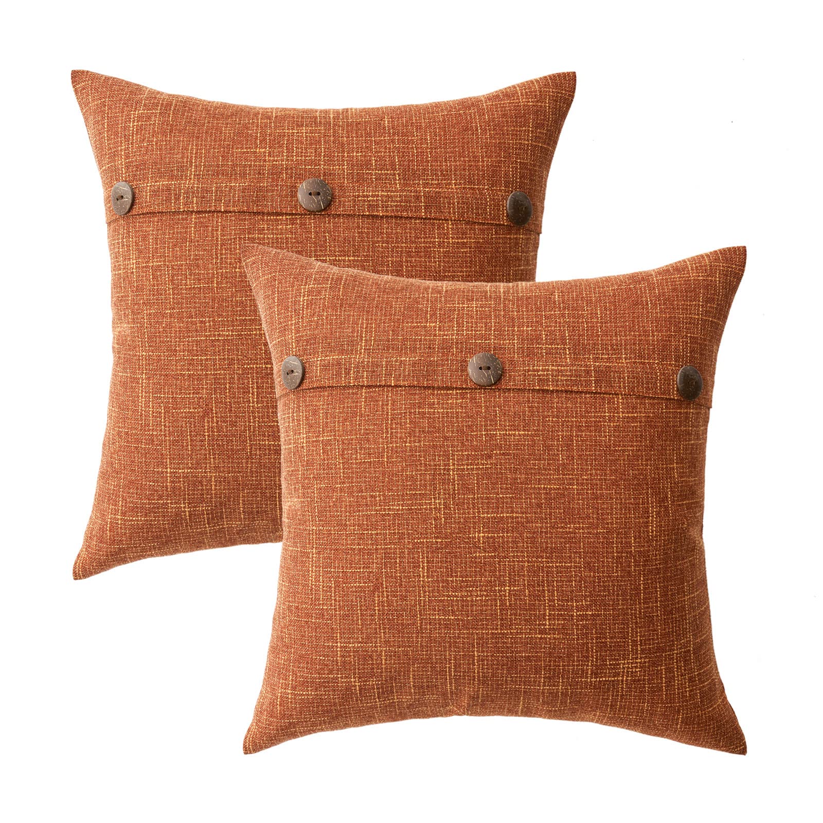 MIULEE Set of 2 Decorative Linen Throw Pillow Covers Cushion Case Triple Button Vintage Farmhouse Pillowcase for Fall Couch Sofa Bed 18 x 18 Inch Rust