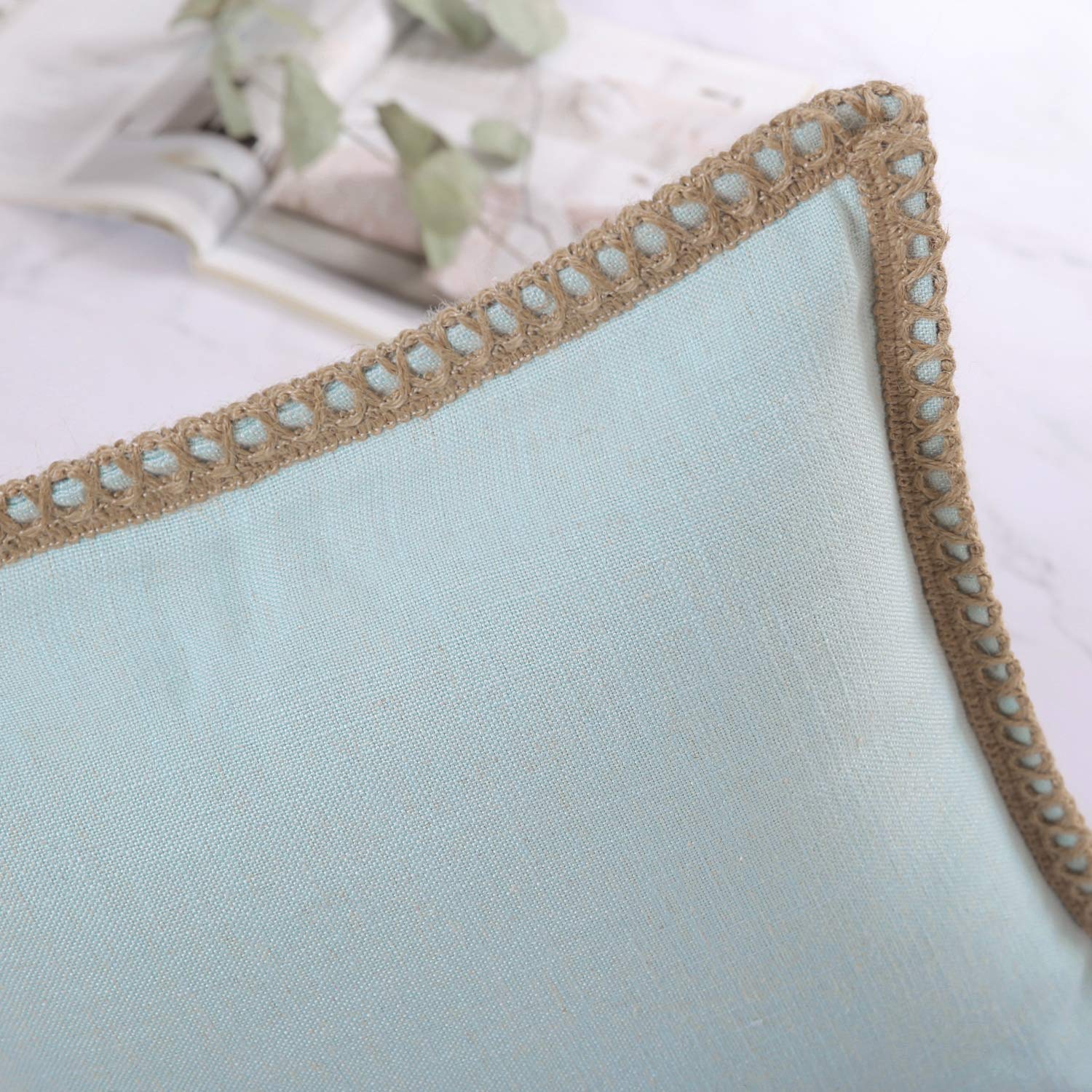 Phantoscope Pack of 2 Farmhouse Decorative Solid Throw Decorative Pillow Cover Burlap Linen Trimmed Tailored Edges Light Turquoise 12 x 20 inches, 30 x 50 cm