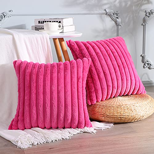 Soleebee Set of 2 Throw Pillow Covers Soft Cozy Velvet Pillowcase Faux Rabbit Fur Cover for Couch Sofa Bed Chair Home Decorative Pillows Cover (18x18 Inch, HOT Pink)