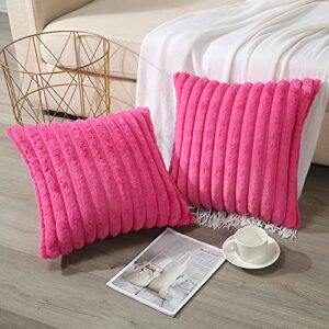 Soleebee Set of 2 Throw Pillow Covers Soft Cozy Velvet Pillowcase Faux Rabbit Fur Cover for Couch Sofa Bed Chair Home Decorative Pillows Cover (18x18 Inch, HOT Pink)