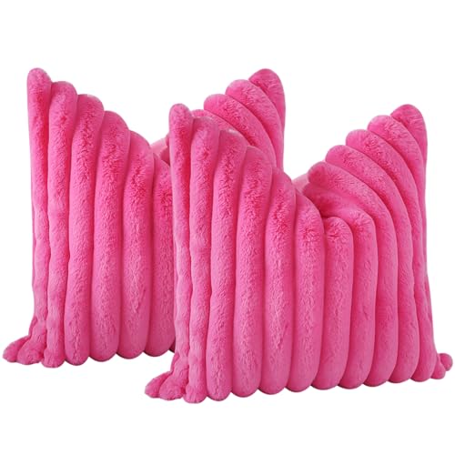 Soleebee Set of 2 Throw Pillow Covers Soft Cozy Velvet Pillowcase Faux Rabbit Fur Cover for Couch Sofa Bed Chair Home Decorative Pillows Cover (18x18 Inch, HOT Pink)