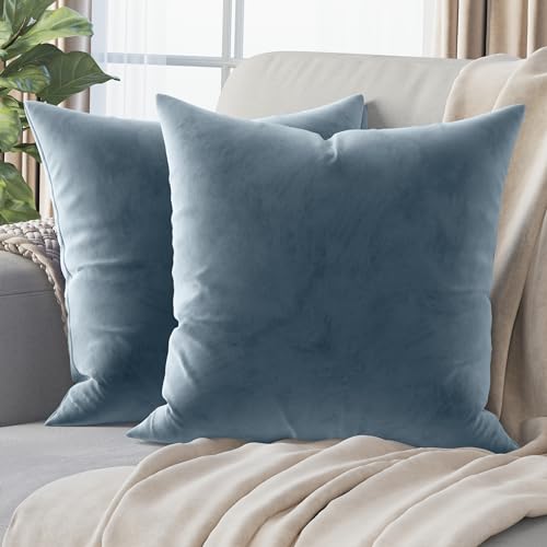 NEATERIZE Premium Velvet Pillow Covers 18x18 Dusty Blue - Washable Decorative Fabric Throw Pillow Covers for Couch or Bed - Set of 2