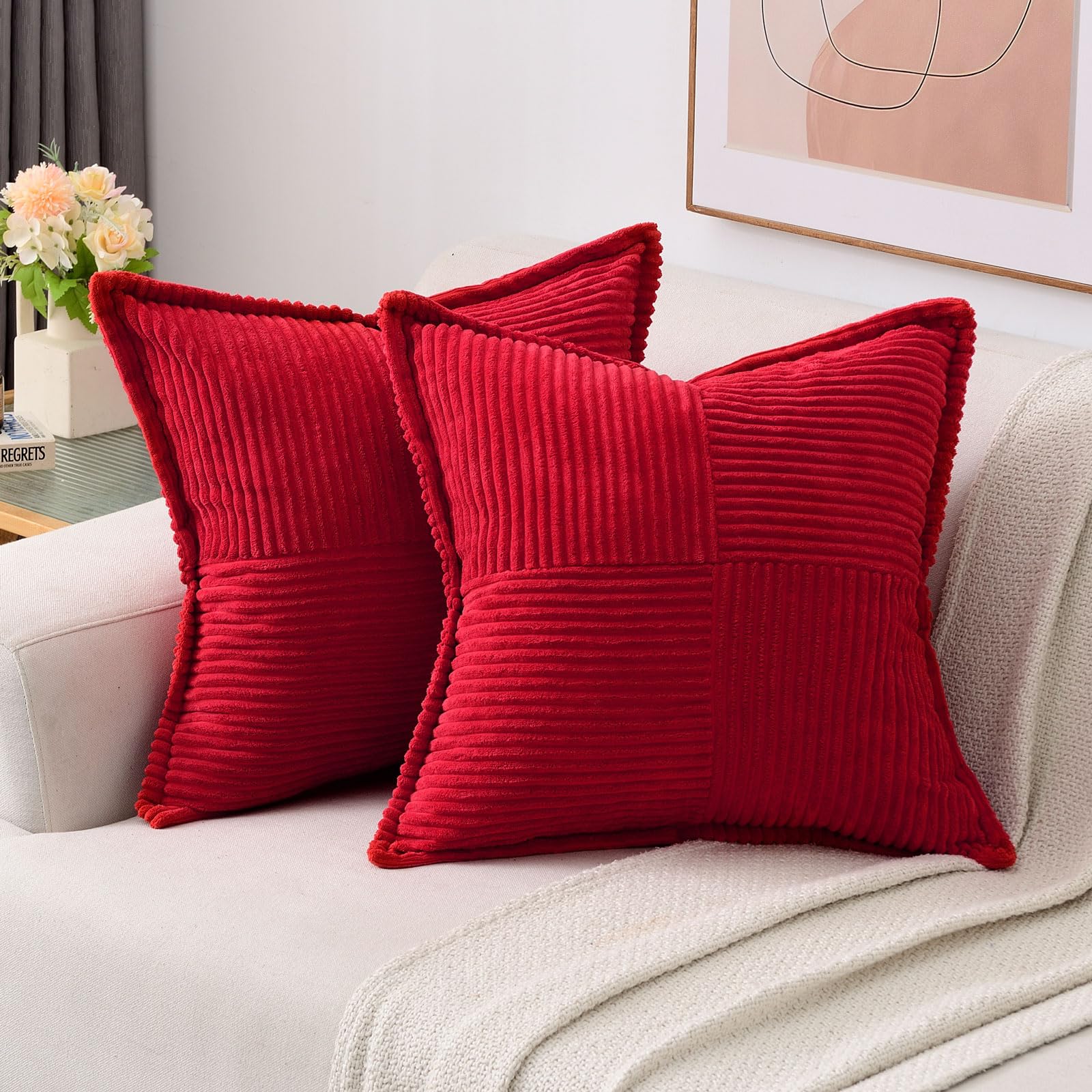 HAUSSY Red Throw Pillow Covers 18x18 Inch Set of 2,Soft Solid Corduroy Striped/Wide Bordered,Square Decorative Cushion Case,Winter Home Decorations for Couch,Bed