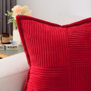 HAUSSY Red Throw Pillow Covers 18x18 Inch Set of 2,Soft Solid Corduroy Striped/Wide Bordered,Square Decorative Cushion Case,Winter Home Decorations for Couch,Bed