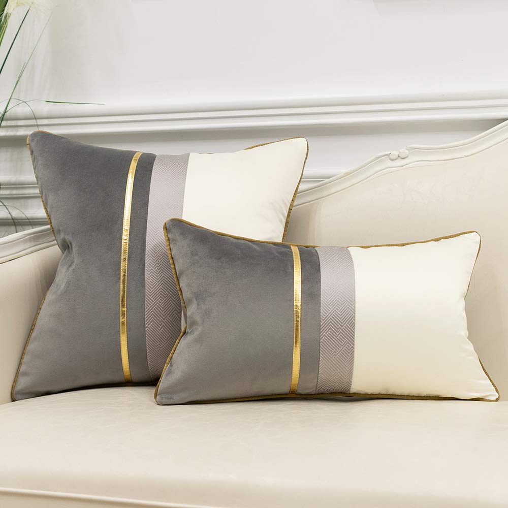 Avigers 16 x 16 Inches Gray White Gold Leather Striped Patchwork Velvet Cushion Case Luxury Modern Throw Pillow Cover Decorative Pillow for Couch Living Room Bedroom Car