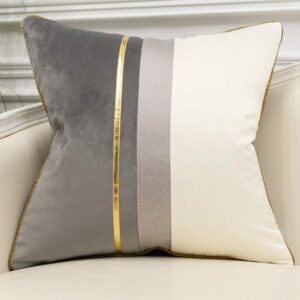 Avigers 16 x 16 Inches Gray White Gold Leather Striped Patchwork Velvet Cushion Case Luxury Modern Throw Pillow Cover Decorative Pillow for Couch Living Room Bedroom Car