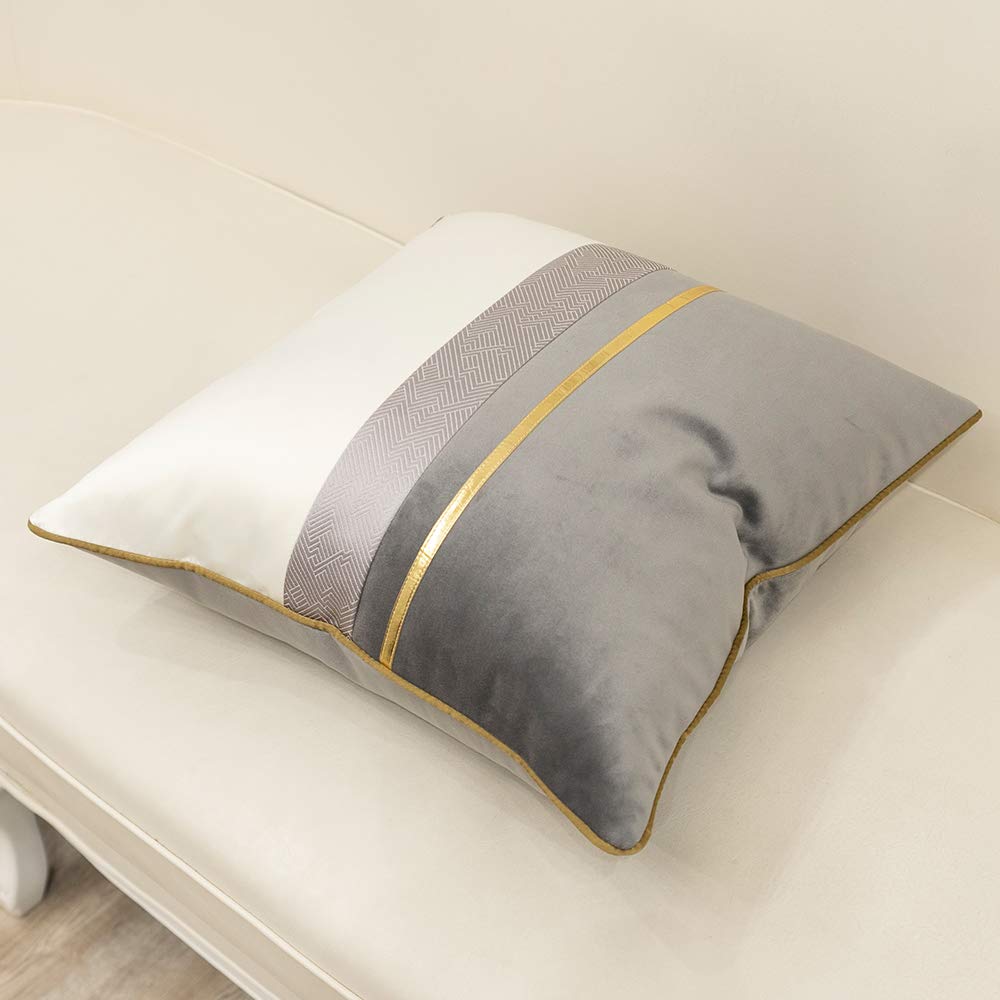 Avigers 16 x 16 Inches Gray White Gold Leather Striped Patchwork Velvet Cushion Case Luxury Modern Throw Pillow Cover Decorative Pillow for Couch Living Room Bedroom Car