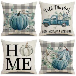 fall decorative pillow covers 18 x 18 inch set of 4, pumpkins trucks plaid autumn decor outdoor farmhouse thanksgiving throw pillow cases for home couch