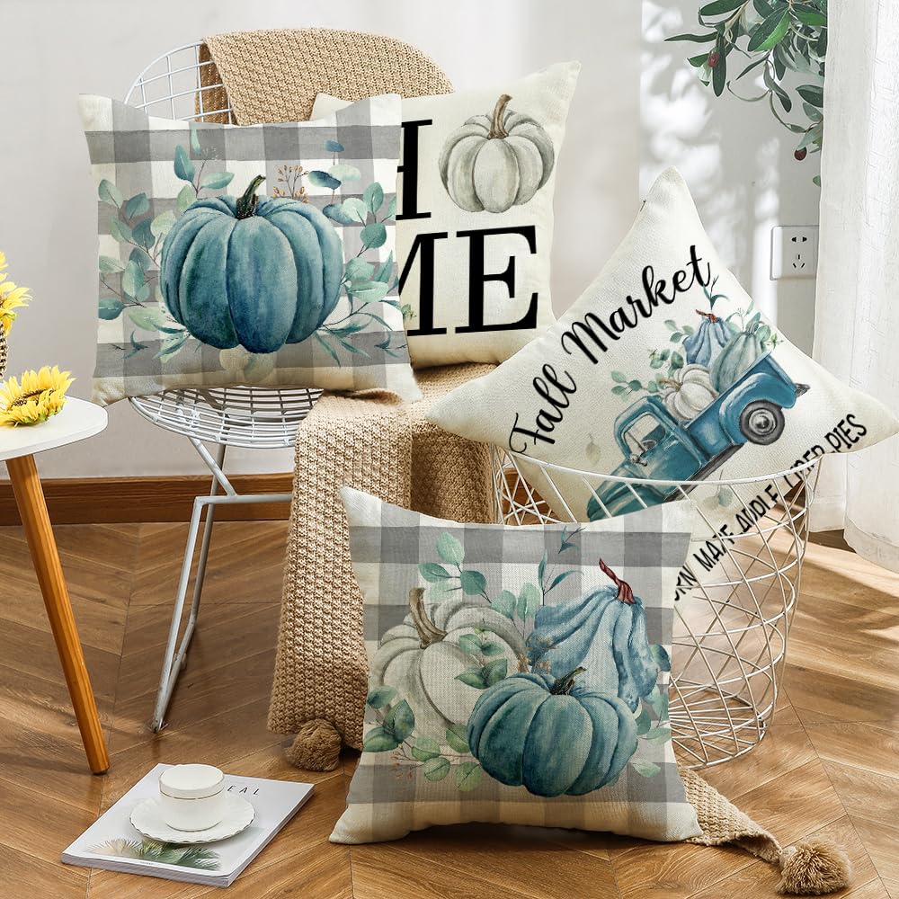 Fall Decorative Pillow Covers 18 x 18 Inch Set of 4, Pumpkins Trucks Plaid Autumn Decor Outdoor Farmhouse Thanksgiving Throw Pillow Cases for Home Couch