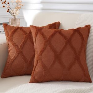 decorUhome Fall Decorative Throw Pillow Covers 18x18 Set of 2, Soft Plush Faux Fur Wool Pillow Covers for Couch Bed Sofa Living Room, Rust