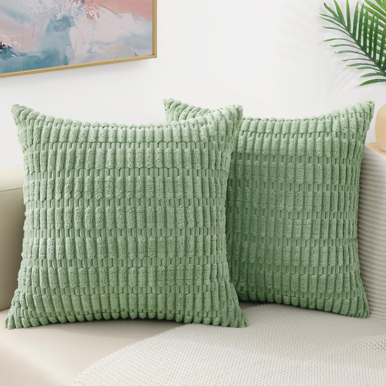 decorUhome Spring Sage Green Decorative Throw Pillow Covers 18x18 Set of 2, Soft Corduroy Striped Square Pillow Covers for Couch Living Room Bed Sofa