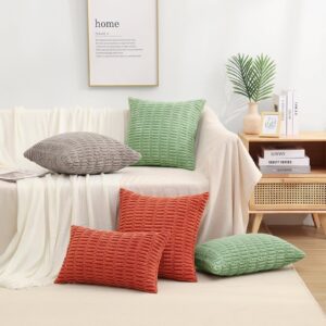 decorUhome Spring Sage Green Decorative Throw Pillow Covers 18x18 Set of 2, Soft Corduroy Striped Square Pillow Covers for Couch Living Room Bed Sofa