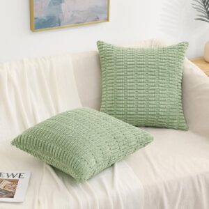 decorUhome Spring Sage Green Decorative Throw Pillow Covers 18x18 Set of 2, Soft Corduroy Striped Square Pillow Covers for Couch Living Room Bed Sofa