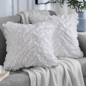 Leeden 18x18 Pillow Covers, Cushion Throw Pillow Cover Pillowcase Set of 2, Farmhouse Decorative Cushion case, 3D Design Handmade Pillowcase with Ruffles, White