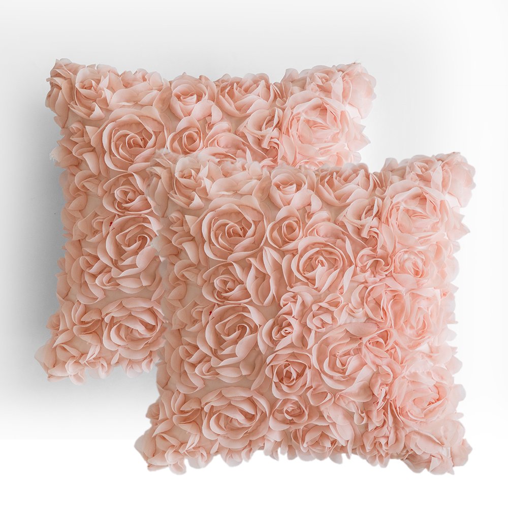 MIULEE Pack of 2 3D Decorative Spring Romantic Stereo Chiffon Rose Flower Pillow Cover Solid Square Pillowcase for Sofa Bedroom Car 16x16 Inch 40x40 Cm Peach Pink Wedding Valentines Day