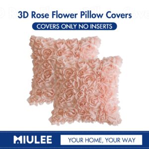 MIULEE Pack of 2 3D Decorative Spring Romantic Stereo Chiffon Rose Flower Pillow Cover Solid Square Pillowcase for Sofa Bedroom Car 16x16 Inch 40x40 Cm Peach Pink Wedding Valentines Day