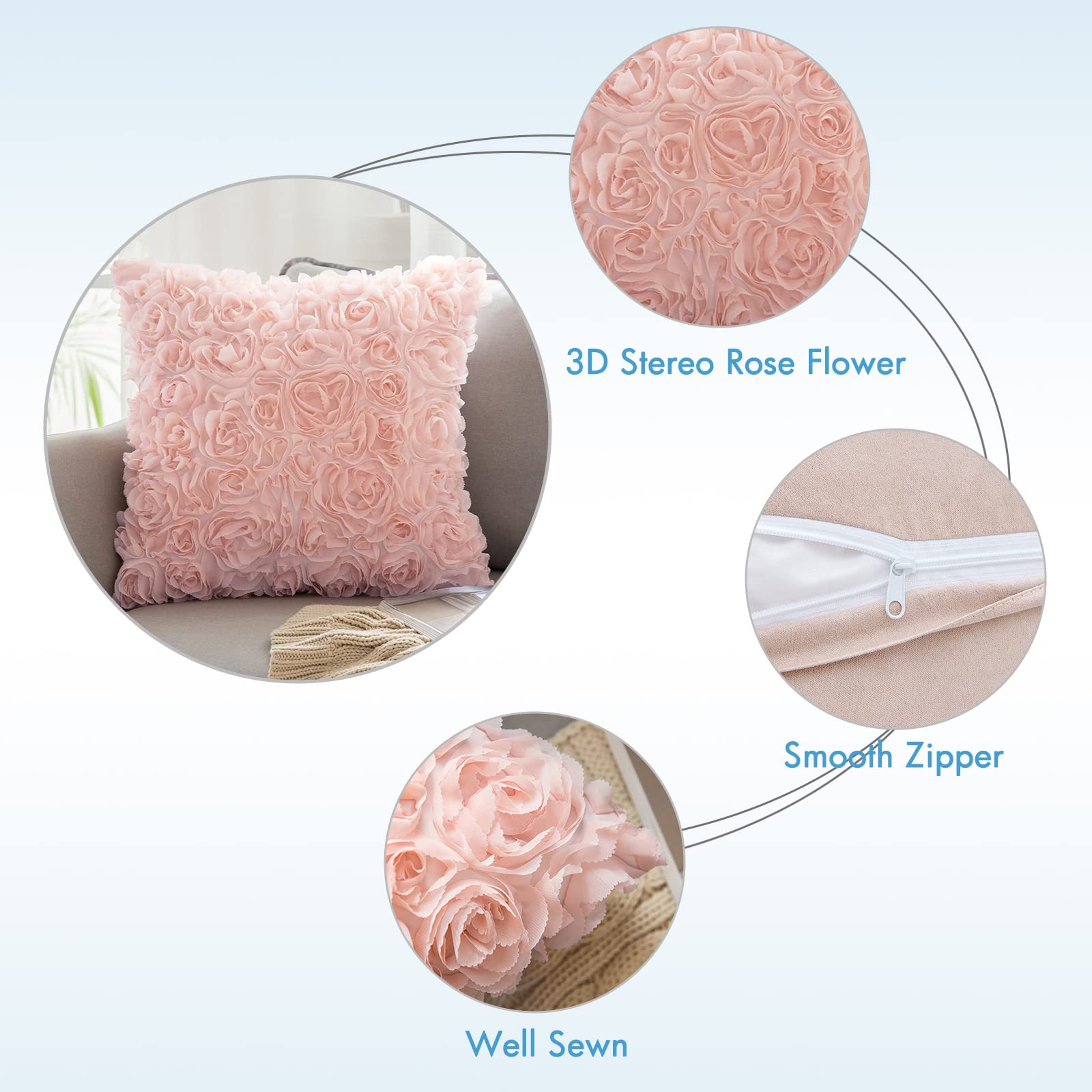 MIULEE Pack of 2 3D Decorative Spring Romantic Stereo Chiffon Rose Flower Pillow Cover Solid Square Pillowcase for Sofa Bedroom Car 16x16 Inch 40x40 Cm Peach Pink Wedding Valentines Day