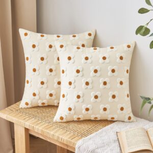 emema decorative throw pillow covers sun flower jacquard pillowcase cushion case square for couch sofa bed living room bedroom set of 2, 18x18 inch, beige