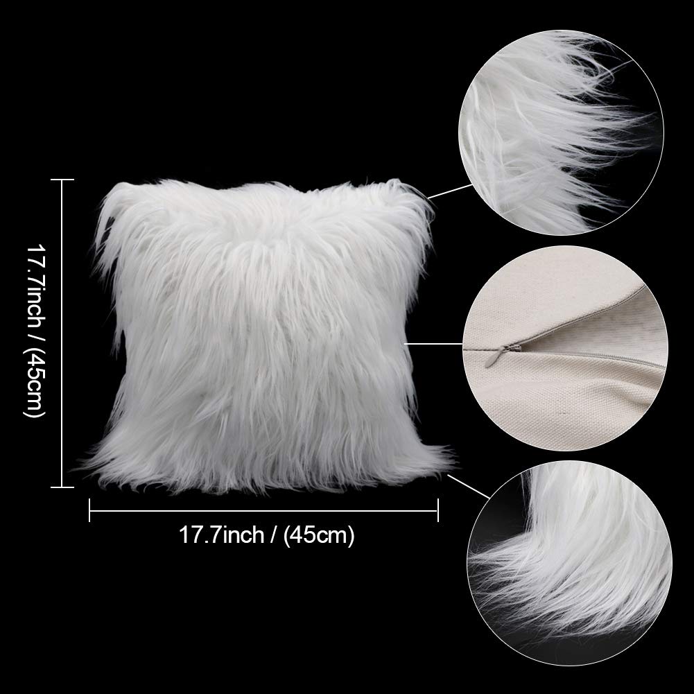 OurWarm Set of 2 White Fur Throw Pillows Fluffy Pillow Covers 18"x18", Faux Fur Pillow Covers Luxury Series Merino Style Decorative Pillows Case for Living Room Couch Bedroom Car Home Decor