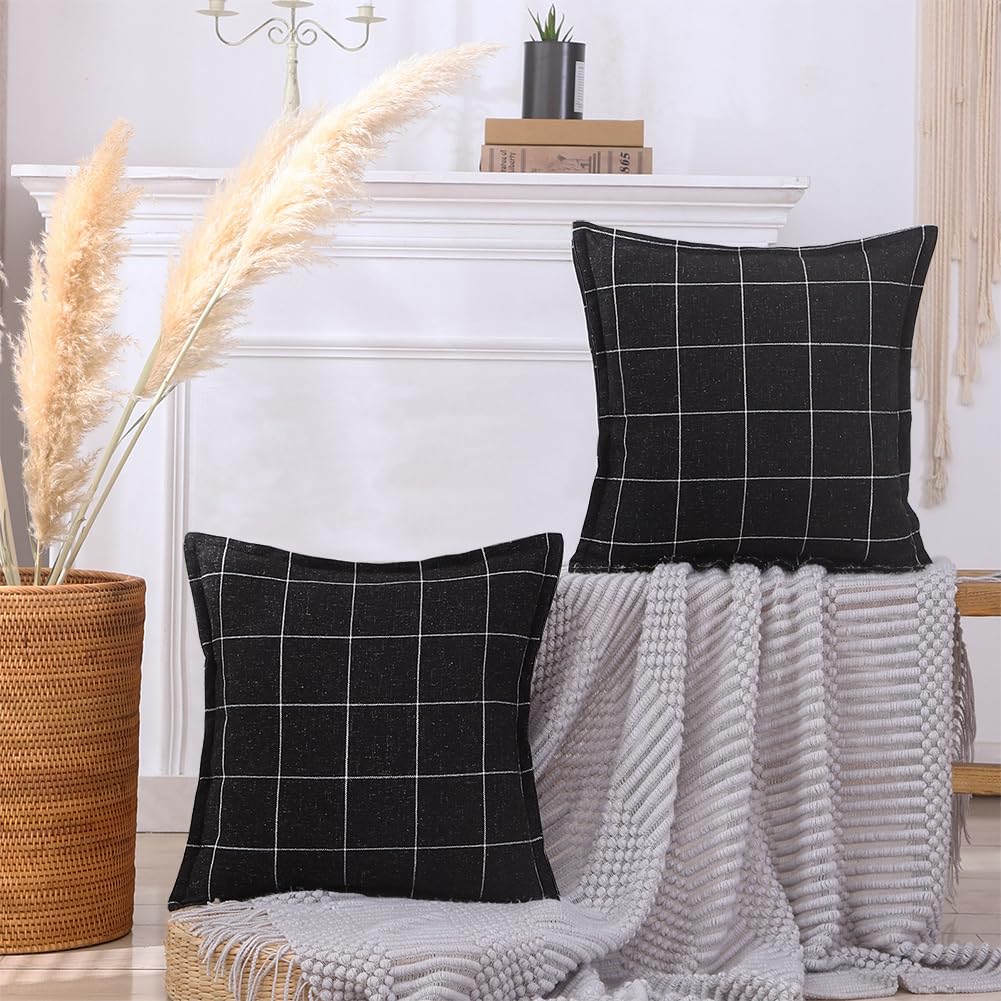 CARRIE HOME Black and White Plaid Boho Throw Pillow Covers 18x18 Set of 2, Modern Farmhouse Buffalo Checkered Decorative Linen Pillow Cover, Black Boho Living Room Decor for Couch and Bed