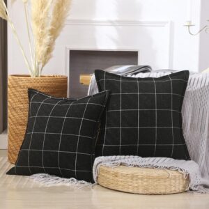 CARRIE HOME Black and White Plaid Boho Throw Pillow Covers 18x18 Set of 2, Modern Farmhouse Buffalo Checkered Decorative Linen Pillow Cover, Black Boho Living Room Decor for Couch and Bed