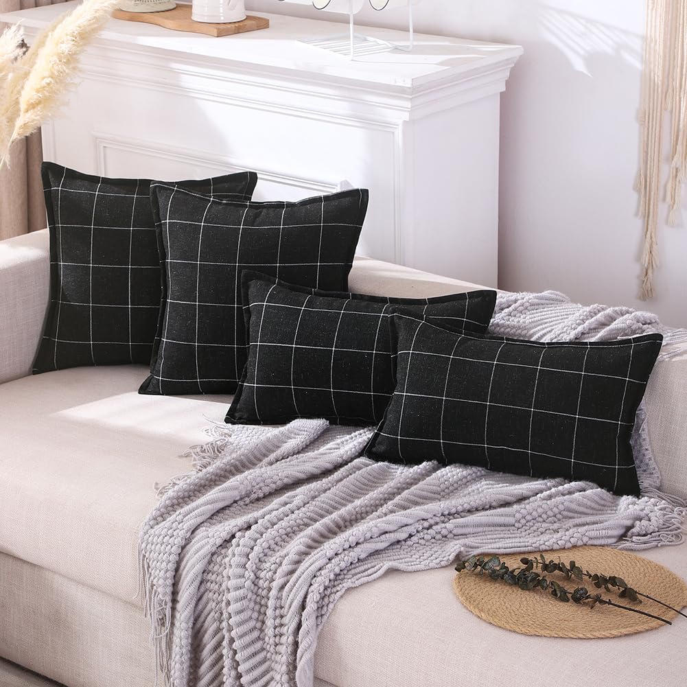 CARRIE HOME Black and White Plaid Boho Throw Pillow Covers 18x18 Set of 2, Modern Farmhouse Buffalo Checkered Decorative Linen Pillow Cover, Black Boho Living Room Decor for Couch and Bed