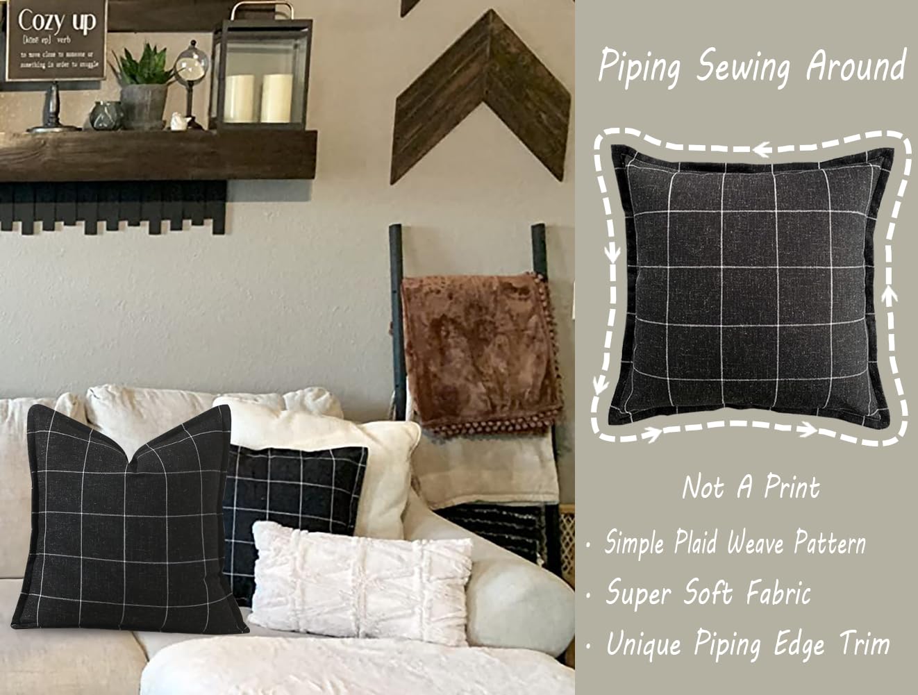 CARRIE HOME Black and White Plaid Boho Throw Pillow Covers 18x18 Set of 2, Modern Farmhouse Buffalo Checkered Decorative Linen Pillow Cover, Black Boho Living Room Decor for Couch and Bed