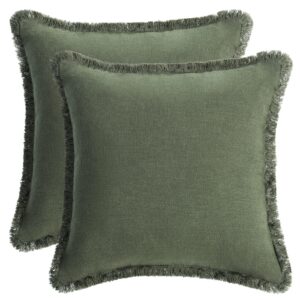 amhoo pack of 2 linen pillow covers with tassels fringed decorative rustic natural throw pillowcase cushion for couch sofa bedroom 18 x 18-inch green