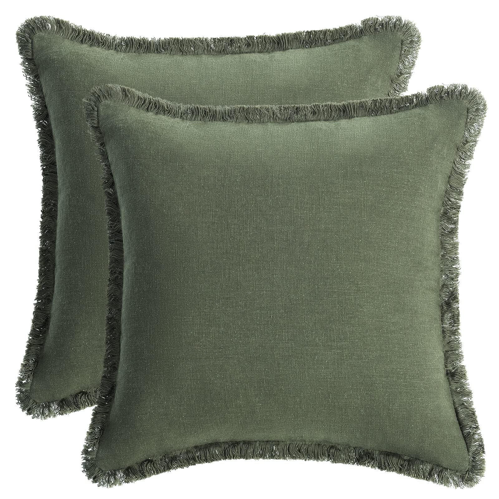 AmHoo Pack of 2 Linen Pillow Covers with Tassels Fringed Decorative Rustic Natural Throw Pillowcase Cushion for Couch Sofa Bedroom 18 x 18-Inch Green