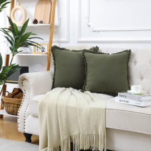 AmHoo Pack of 2 Linen Pillow Covers with Tassels Fringed Decorative Rustic Natural Throw Pillowcase Cushion for Couch Sofa Bedroom 18 x 18-Inch Green